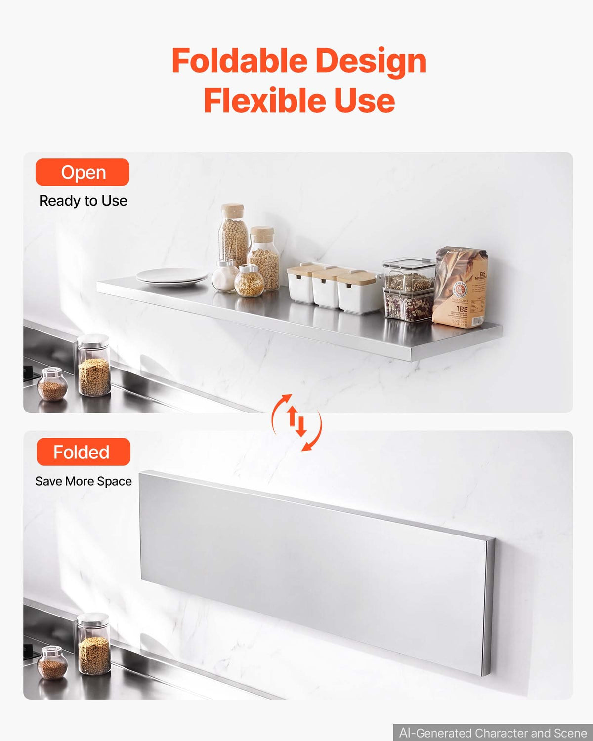 VEVOR Stainless Steel Shelf 305 x 1219 mm Foldable Wall Mount Floating Shelf, Heavy-Duty Commercial Shelves with Brackets, 136 kg Capacity, Easy to Clean for Restaurant, Home Kitchen, Garage