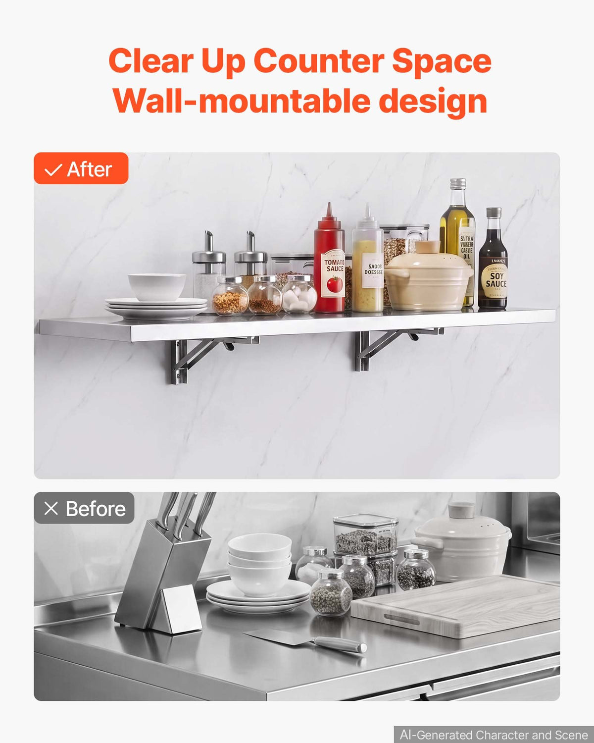 VEVOR Stainless Steel Shelf 305 x 1219 mm Foldable Wall Mount Floating Shelf, Heavy-Duty Commercial Shelves with Brackets, 136 kg Capacity, Easy to Clean for Restaurant, Home Kitchen, Garage