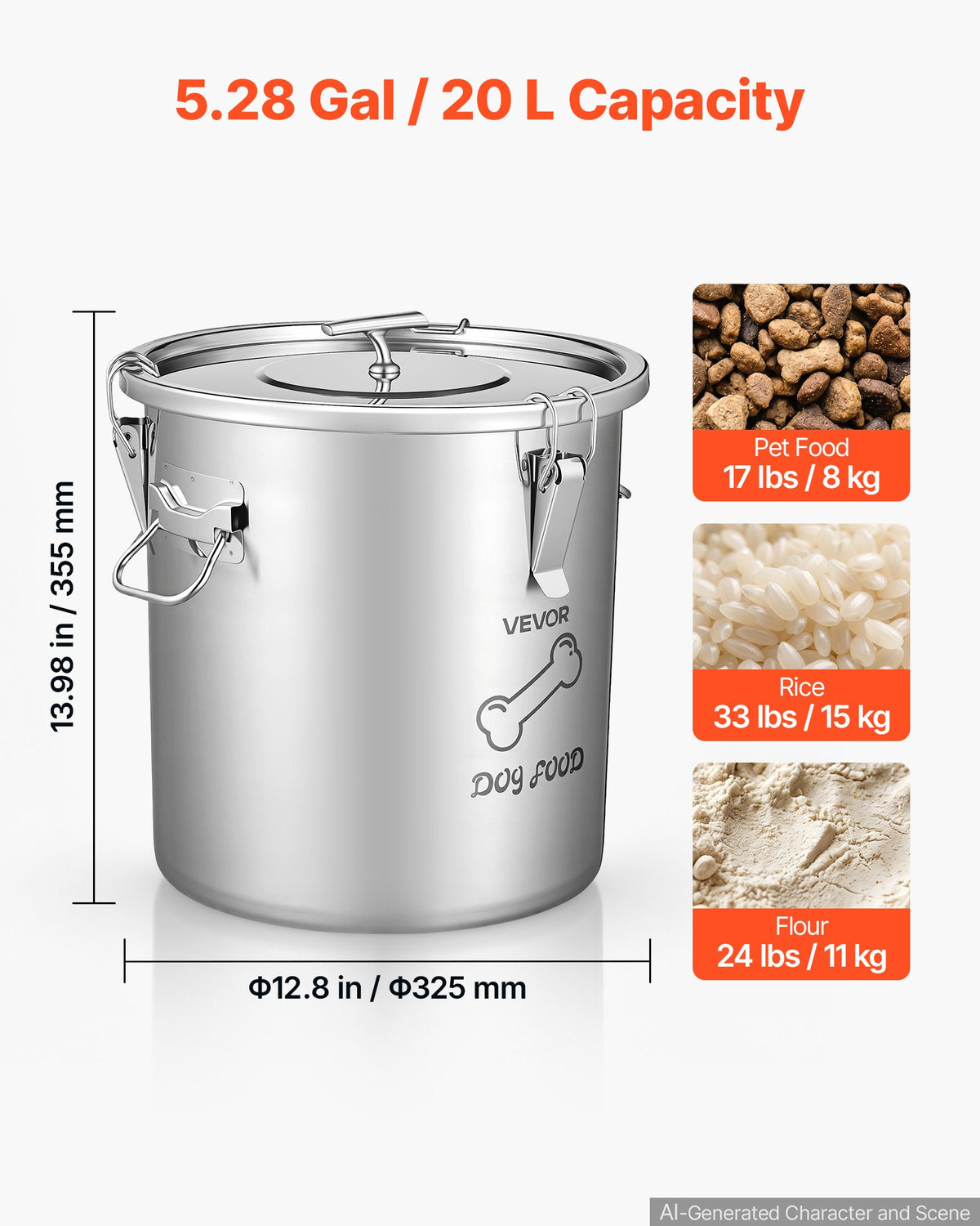 VEVOR Stainless Steel Dog Food Storage Container 8 kg 20 L Dispenser Bin, for Living Room Kitchen, Airtight Lid & Dual Handles, Large Metal for Dogs & Cats Food Rice Flour, Keep Fresh, Easy to Clean