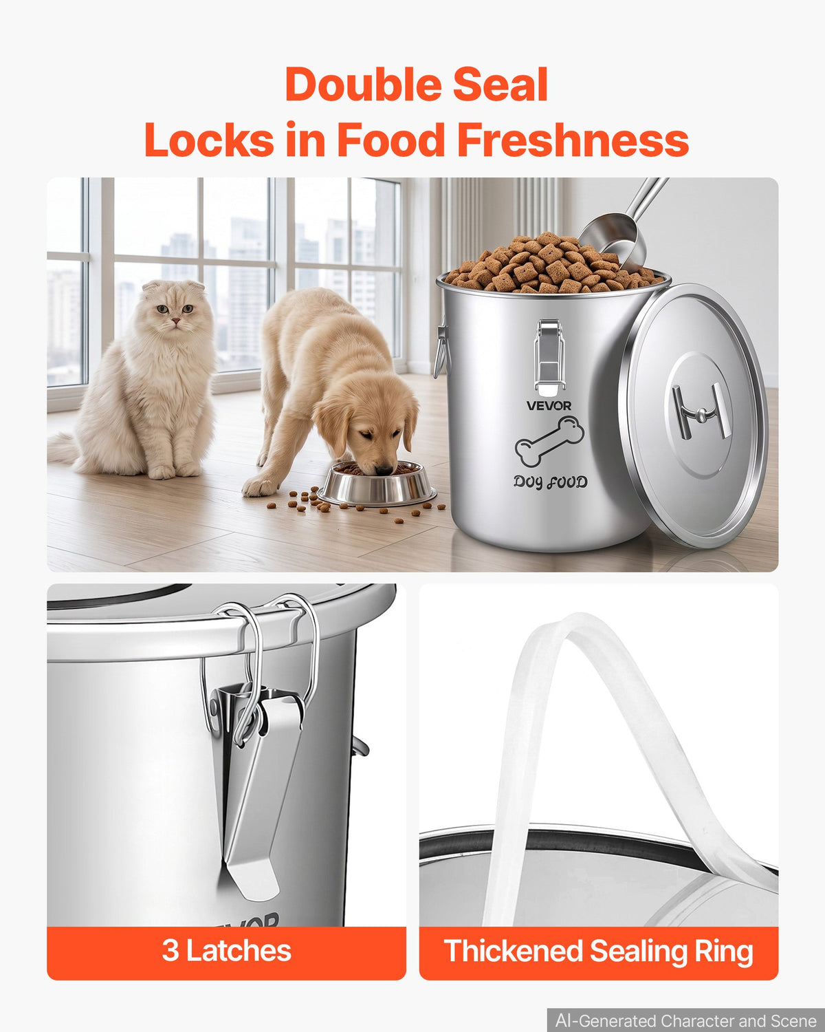 VEVOR Stainless Steel Dog Food Storage Container 8 kg 20 L Dispenser Bin, for Living Room Kitchen, Airtight Lid & Dual Handles, Large Metal for Dogs & Cats Food Rice Flour, Keep Fresh, Easy to Clean