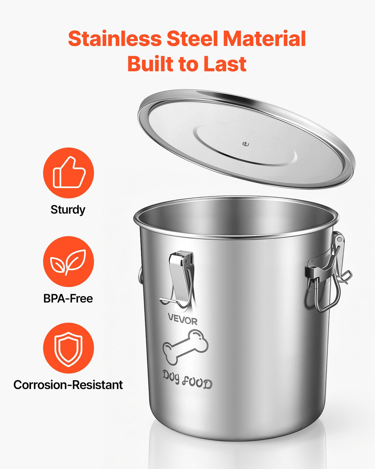 VEVOR Stainless Steel Dog Food Storage Container 8 kg 20 L Dispenser Bin, for Living Room Kitchen, Airtight Lid & Dual Handles, Large Metal for Dogs & Cats Food Rice Flour, Keep Fresh, Easy to Clean
