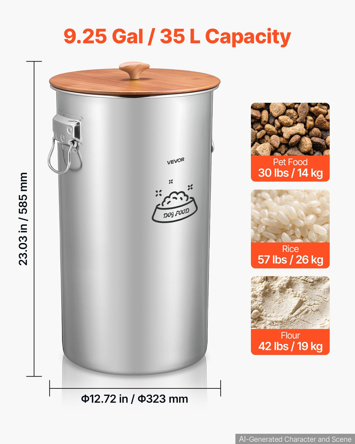 VEVOR Stainless Steel Dog Food Storage Container 14 kg 35 L Dispenser Bin, for Living Room Kitchen, Airtight Lid & Dual Handles, Large Metal for Dogs & Cats Food Rice Flour, Keep Fresh, Easy to Clean