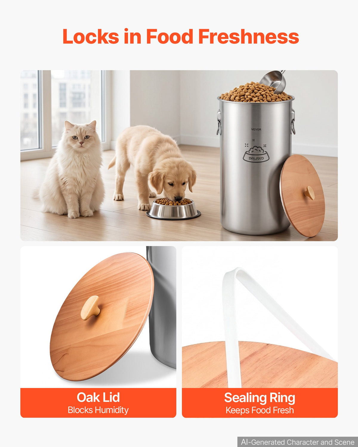 VEVOR Stainless Steel Dog Food Storage Container 14 kg 35 L Dispenser Bin, for Living Room Kitchen, Airtight Lid & Dual Handles, Large Metal for Dogs & Cats Food Rice Flour, Keep Fresh, Easy to Clean
