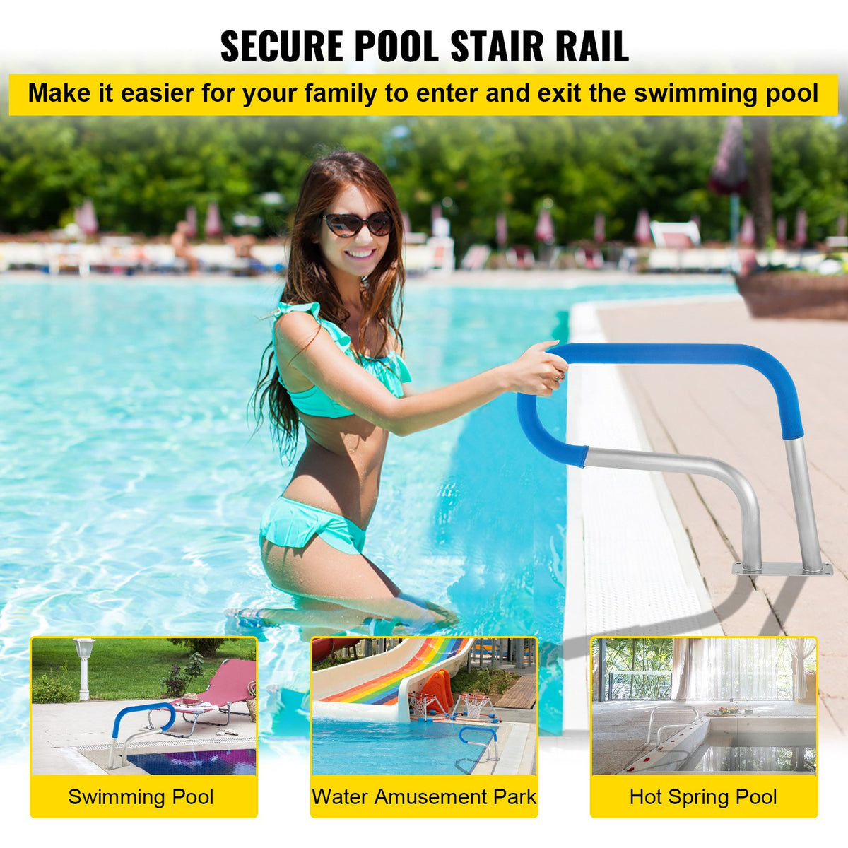 VEVOR Pool Rail 30x22" Pool Railing 304 Stainless Steel 250LBS Load Capacity Silver Rustproof Pool Handrail Humanized Swimming Pool Handrail with Blue Grip Cover & M8 Drill Bit & Self-taping Screws