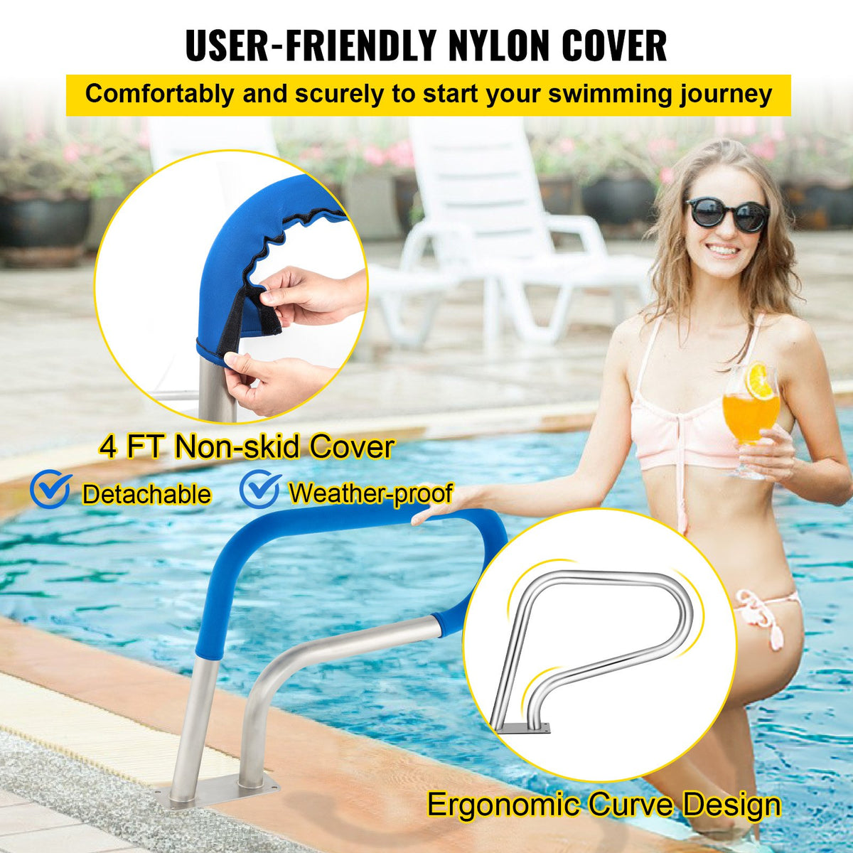 VEVOR Pool Rail 30x22" Pool Railing 304 Stainless Steel 250LBS Load Capacity Silver Rustproof Pool Handrail Humanized Swimming Pool Handrail with Blue Grip Cover & M8 Drill Bit & Self-taping Screws