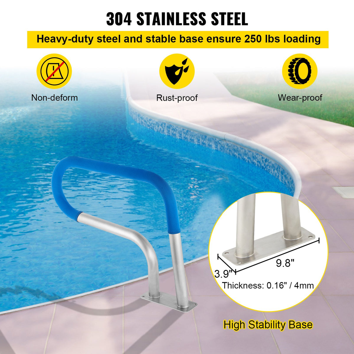 VEVOR Pool Rail 30x22" Pool Railing 304 Stainless Steel 250LBS Load Capacity Silver Rustproof Pool Handrail Humanized Swimming Pool Handrail with Blue Grip Cover & M8 Drill Bit & Self-taping Screws