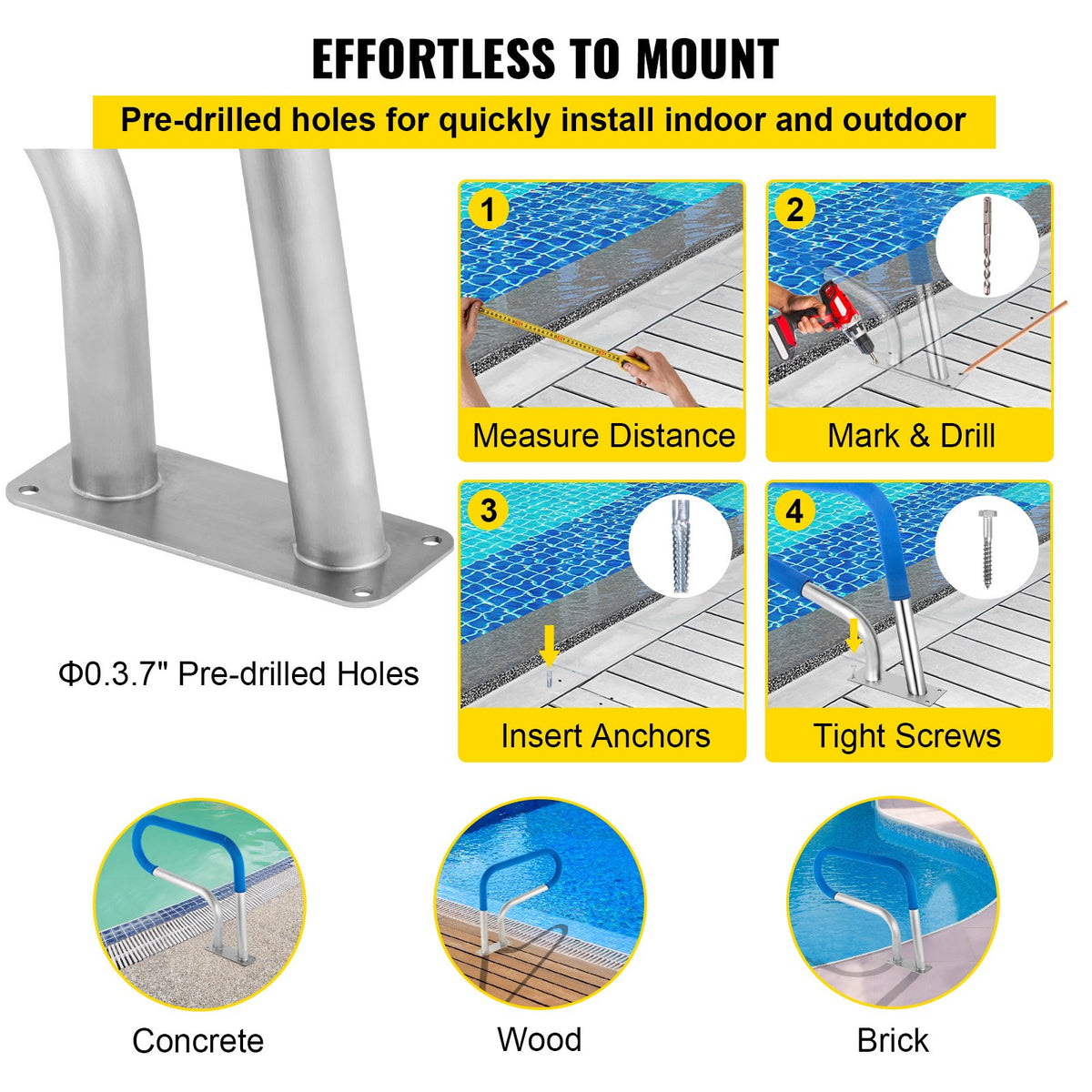 VEVOR Pool Rail 30x22" Pool Railing 304 Stainless Steel 250LBS Load Capacity Silver Rustproof Pool Handrail Humanized Swimming Pool Handrail with Blue Grip Cover & M8 Drill Bit & Self-taping Screws