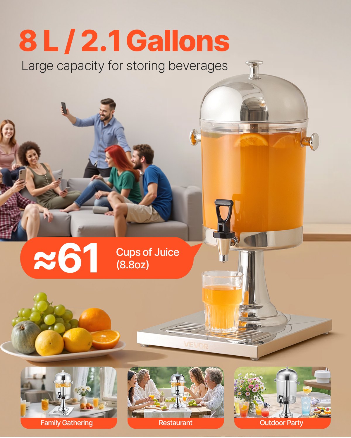 VEVOR Beverage Dispenser, 8L Drink Dispenser for Parties, Stainless Steel + Plastic Juice Dispensers with Spigot Ice Chamber Tray, Iced Tea Lemonade Juice Dispensers, for Restaurants, Hotels