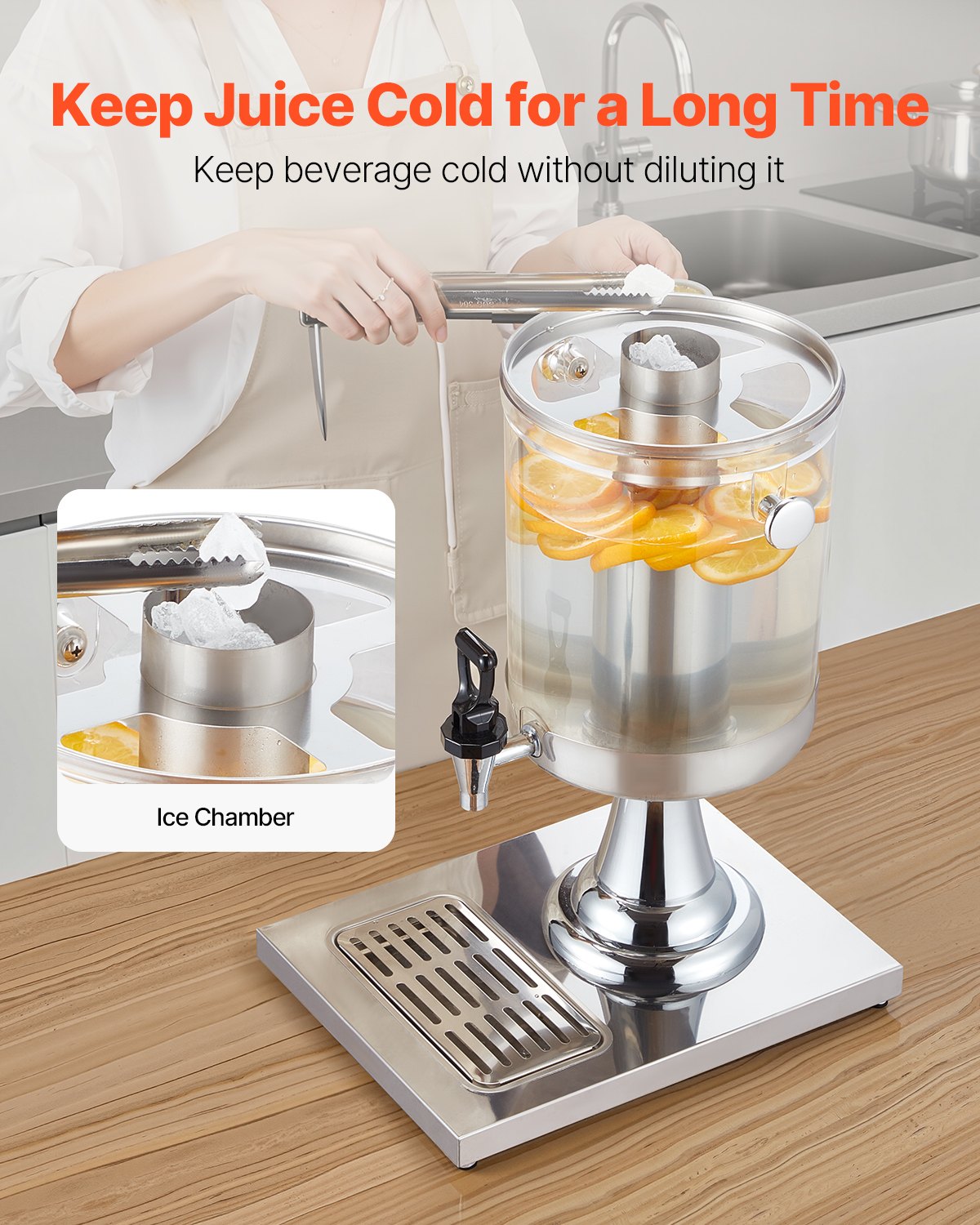 VEVOR Beverage Dispenser, 8L Drink Dispenser for Parties, Stainless Steel + Plastic Juice Dispensers with Spigot Ice Chamber Tray, Iced Tea Lemonade Juice Dispensers, for Restaurants, Hotels