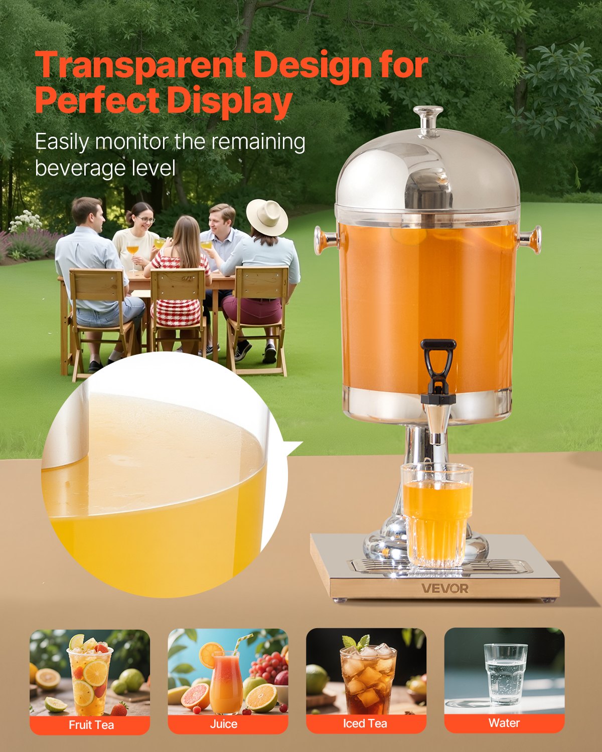 VEVOR Beverage Dispenser, 8L Drink Dispenser for Parties, Stainless Steel + Plastic Juice Dispensers with Spigot Ice Chamber Tray, Iced Tea Lemonade Juice Dispensers, for Restaurants, Hotels