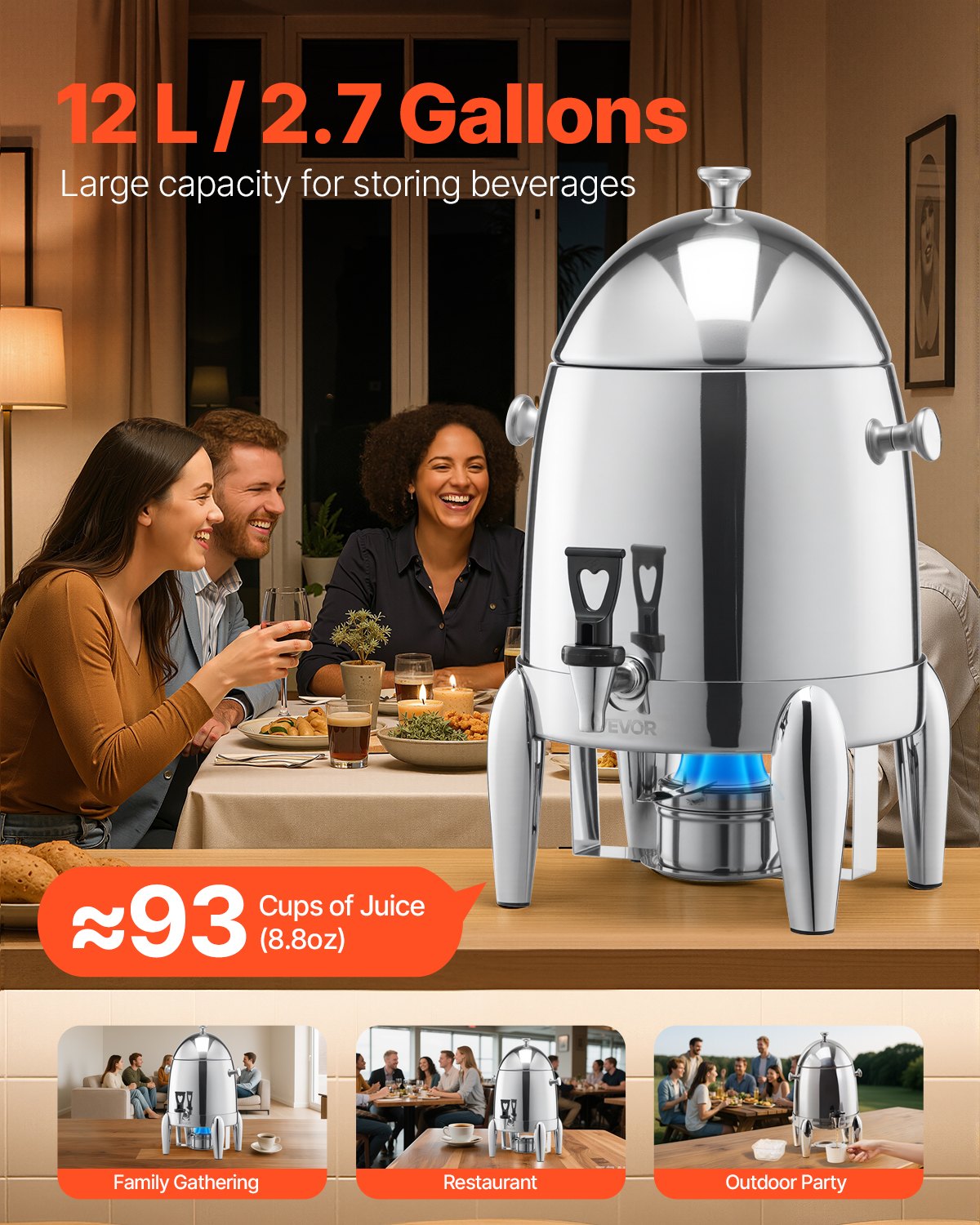 VEVOR Stainless Steel Beverage Dispenser, 12L Drink Dispenser  with Alcohol Burner, Hot & Cold Drink Dispensers for Coffee Tea Hot Water, with Spigot Ice Tube, for Restaurants, Hotels, Parties