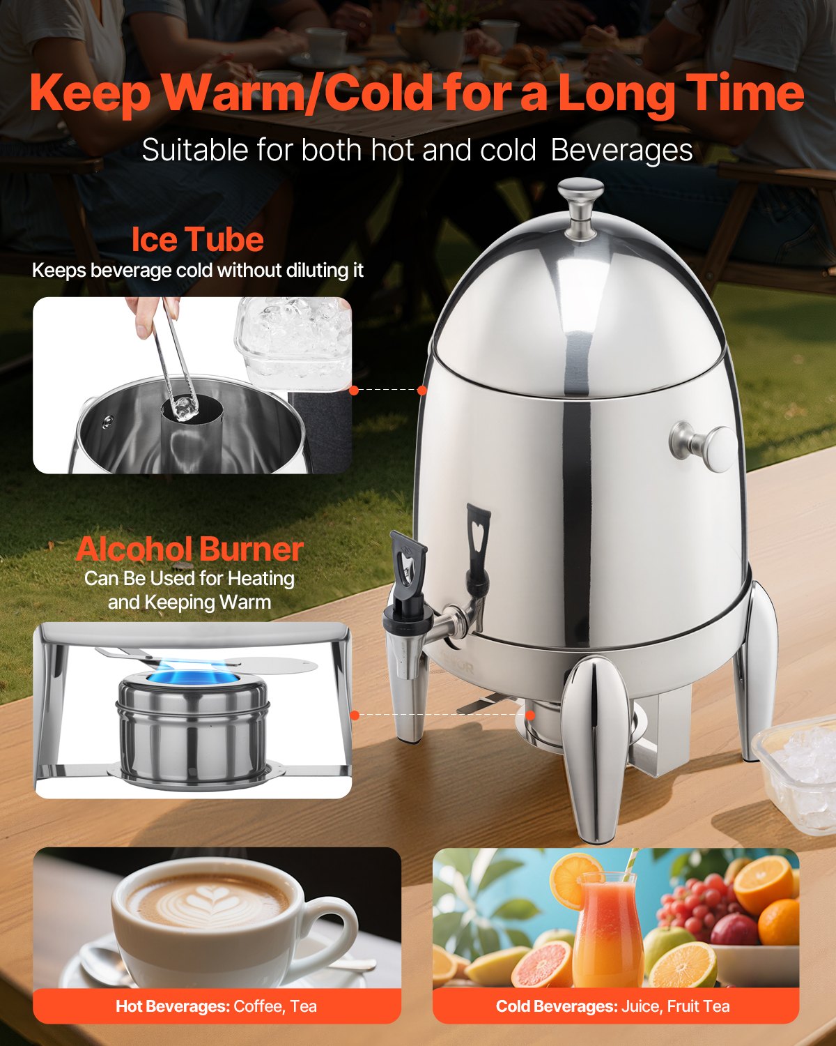 VEVOR Stainless Steel Beverage Dispenser, 12L Drink Dispenser  with Alcohol Burner, Hot & Cold Drink Dispensers for Coffee Tea Hot Water, with Spigot Ice Tube, for Restaurants, Hotels, Parties