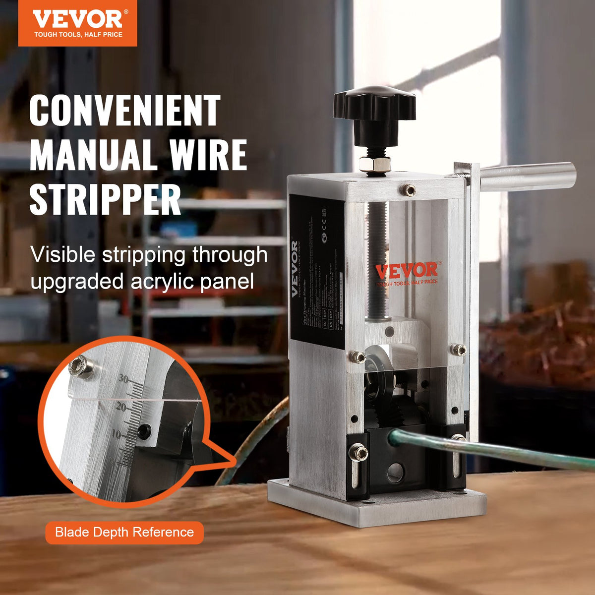 VEVOR Manual Wire Stripping Machine, 1.5 mm-30 mm Copper Stripper with Hand Crank or Drill Powered, Visible Stripping Depth Reference, Portable Aluminum Frame Wire Peeler for Scrap Copper Recycling