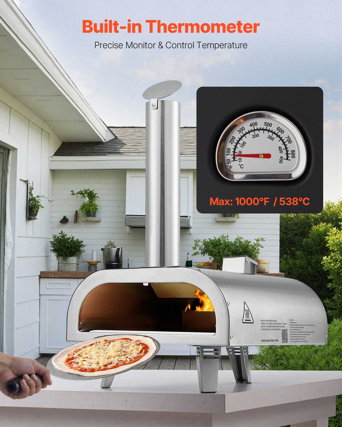 VEVOR Pizza Oven Outdoor, 12" Pellet Pizza Oven, Portable Pizza-Stove with Built-in Thermometer, Wood Fired Stainless Steel Pizza-Maker, for Backyard, Camping, Pizza-Stone, Shovel, Carry Bag, Silver