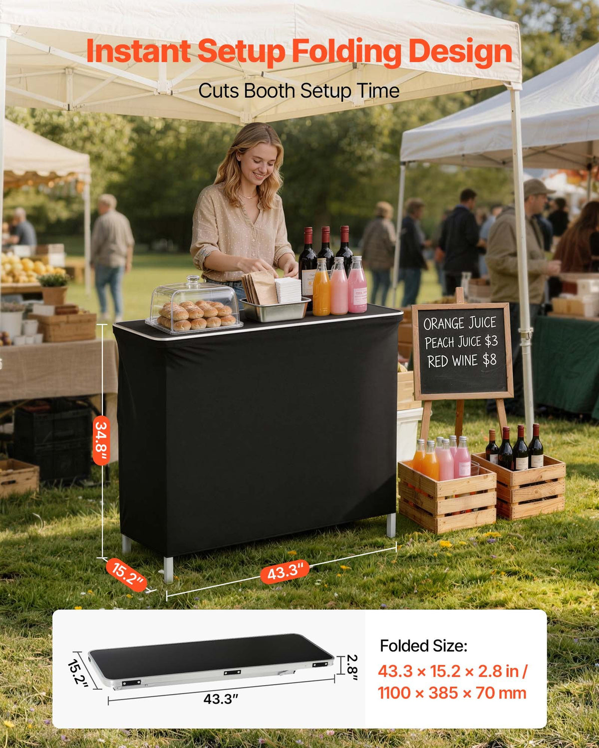 VEVOR Folding Portable Bar Table, 1100 x 385 x 885 mm, with Carry Bag, 2 Storage Shelves, and Detachable Skirt, Quick and Easy Setup, Foldable Mobile Bartending Station for Events, Party, Tradeshow