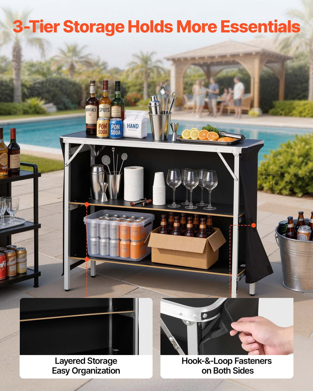 VEVOR Folding Portable Bar Table, 1100 x 385 x 885 mm, with Carry Bag, 2 Storage Shelves, and Detachable Skirt, Quick and Easy Setup, Foldable Mobile Bartending Station for Events, Party, Tradeshow