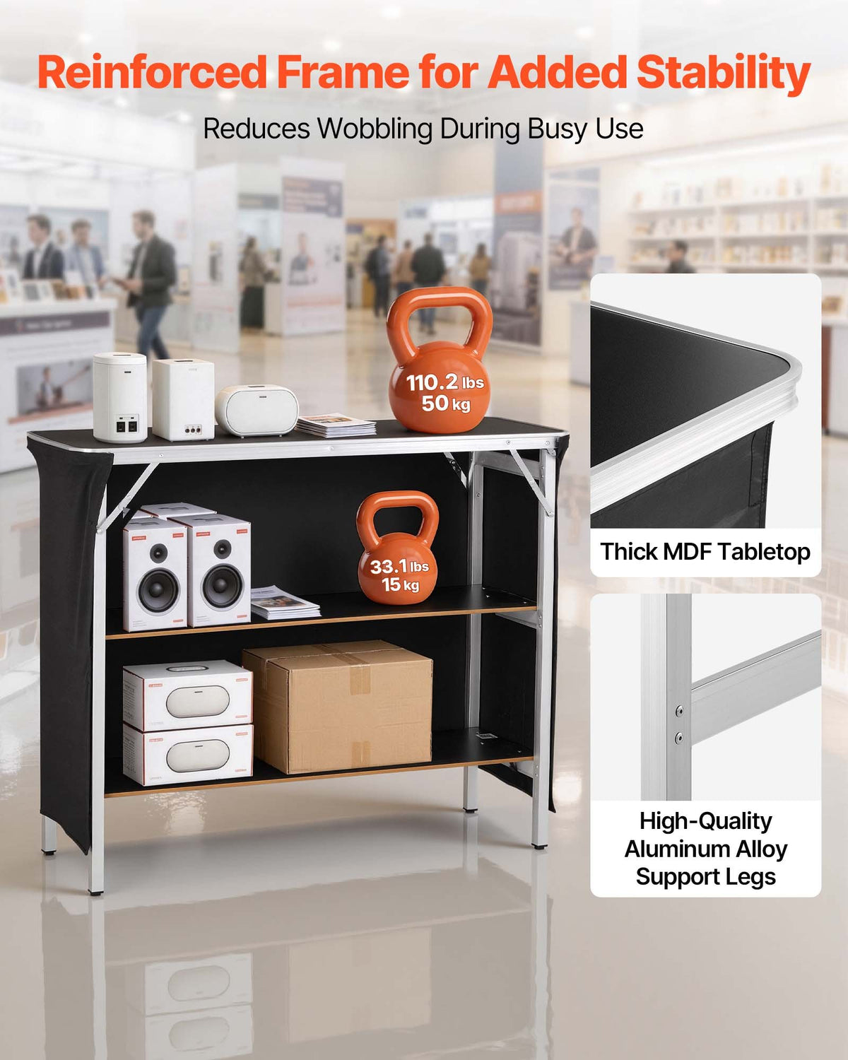 VEVOR Folding Portable Bar Table, 1100 x 385 x 885 mm, with Carry Bag, 2 Storage Shelves, and Detachable Skirt, Quick and Easy Setup, Foldable Mobile Bartending Station for Events, Party, Tradeshow