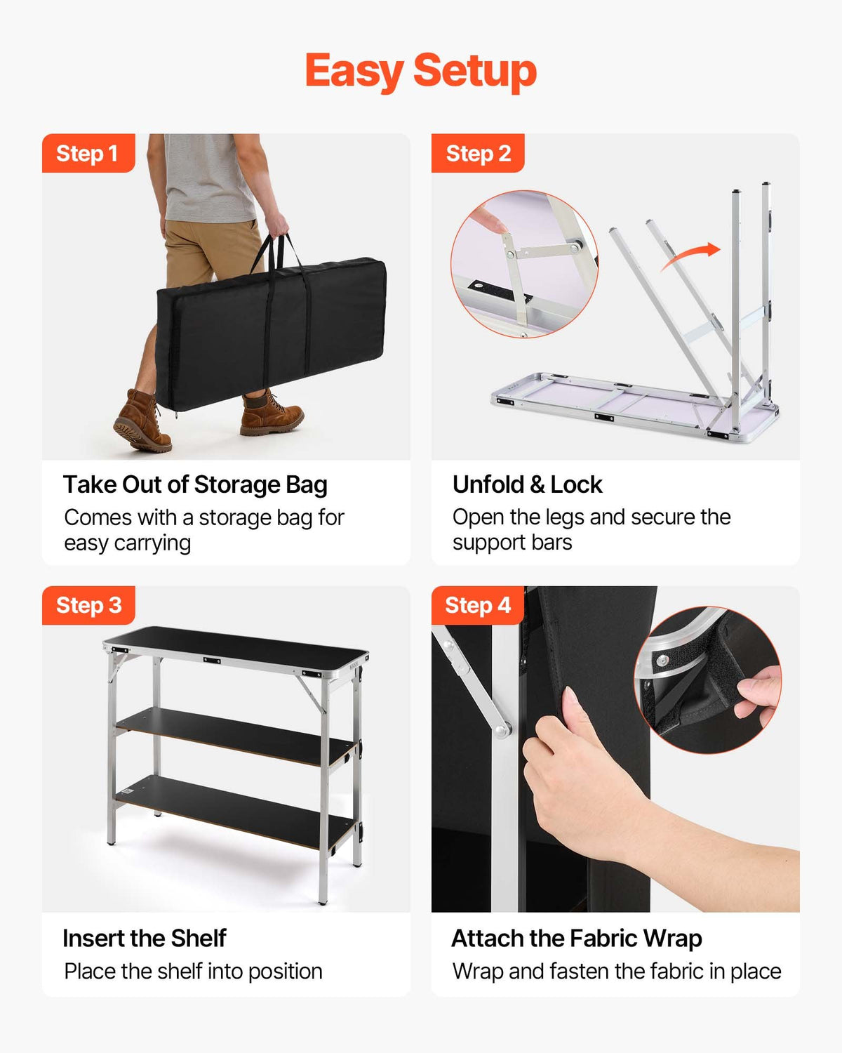 VEVOR Folding Portable Bar Table, 1100 x 385 x 885 mm, with Carry Bag, 2 Storage Shelves, and Detachable Skirt, Quick and Easy Setup, Foldable Mobile Bartending Station for Events, Party, Tradeshow