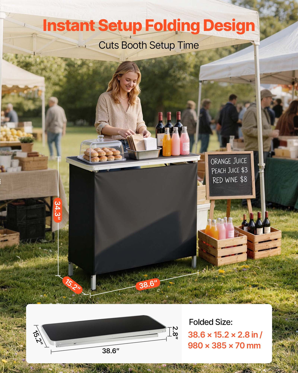 VEVOR Folding Portable Bar Table, 980 x 385 x 870 mm, with Carry Bag, Storage Shelf, and Detachable Skirt, Quick and Easy Setup, Foldable Mobile Bartending Station for Events, Party, Tradeshow