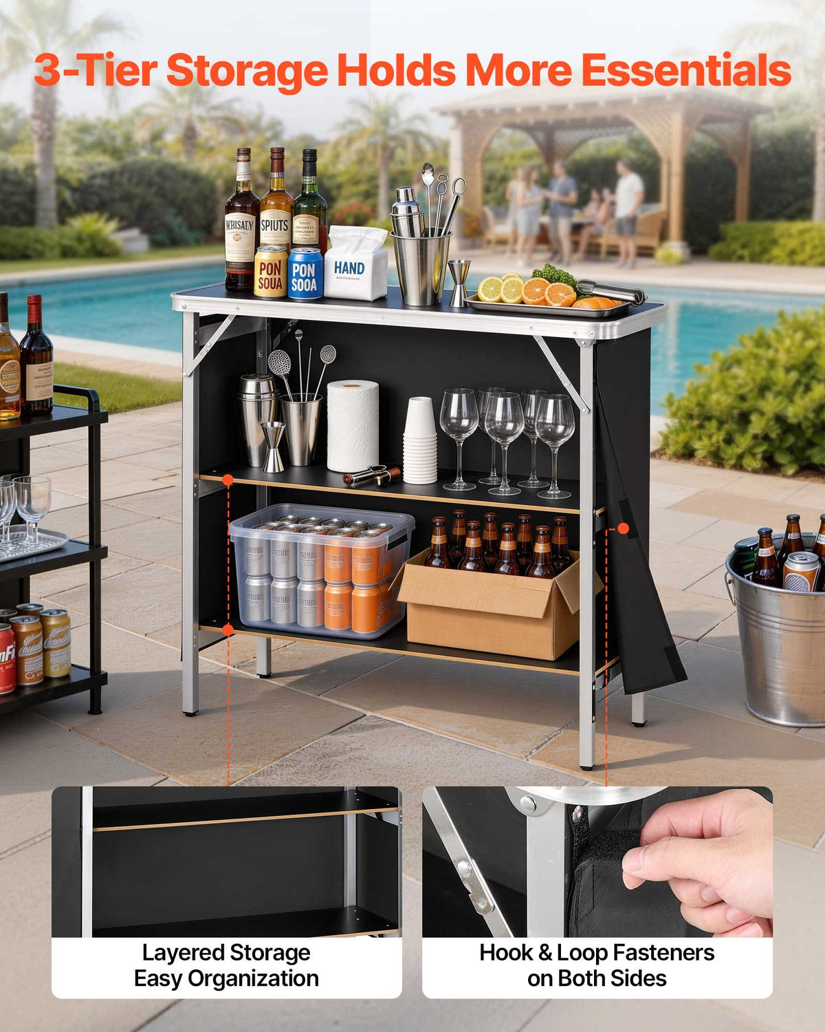 VEVOR Folding Portable Bar Table, 980 x 385 x 870 mm, with Carry Bag, Storage Shelf, and Detachable Skirt, Quick and Easy Setup, Foldable Mobile Bartending Station for Events, Party, Tradeshow