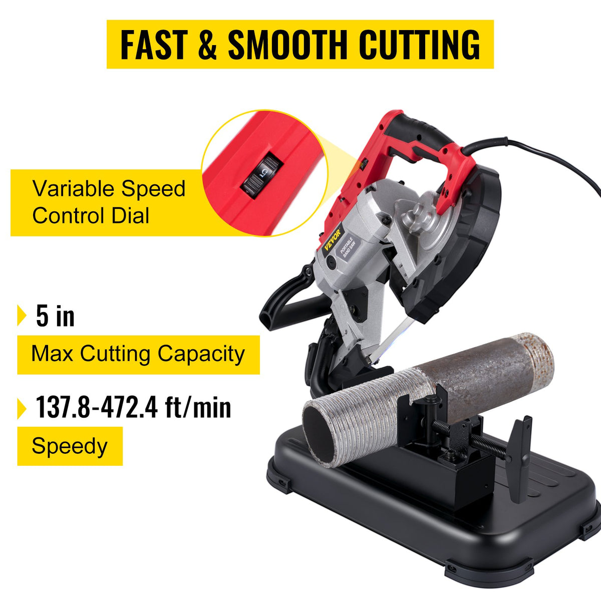 VEVOR Portable Band Saw, 127 mm x 127 mm Cutting Depth with Removable Alloy Steel Base Cordless Band Saw, Hand held Band Saw,Variable Speed Portable Bandsaw, 10Amp Motor Deep Cut Band saw for Metal Wood