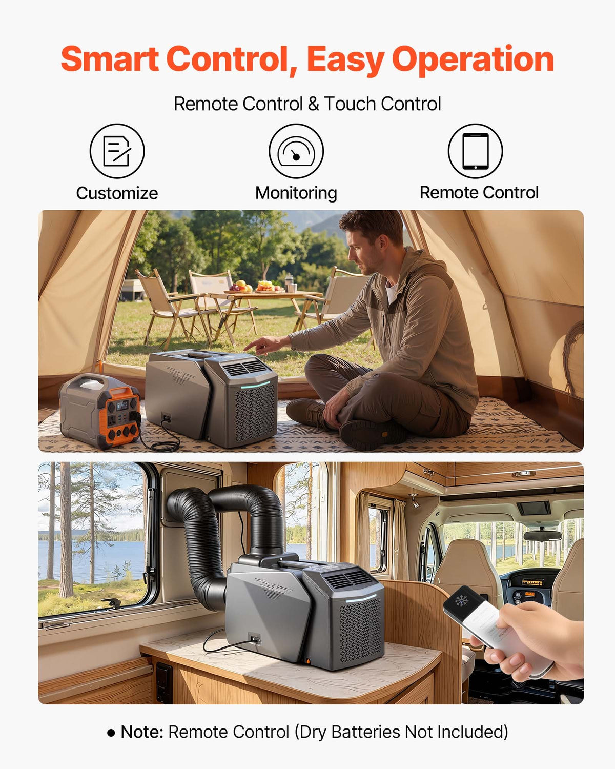 VEVOR Portable Camping Air Conditioner 4850 BTU, Dual Hose Split Tent AC Unit with Remote & Touch Control, 16–32°C Adjustable, 200 m³/h Airflow, 58dB Low Noise, for RV, Outdoor Cooling, Dark Grey