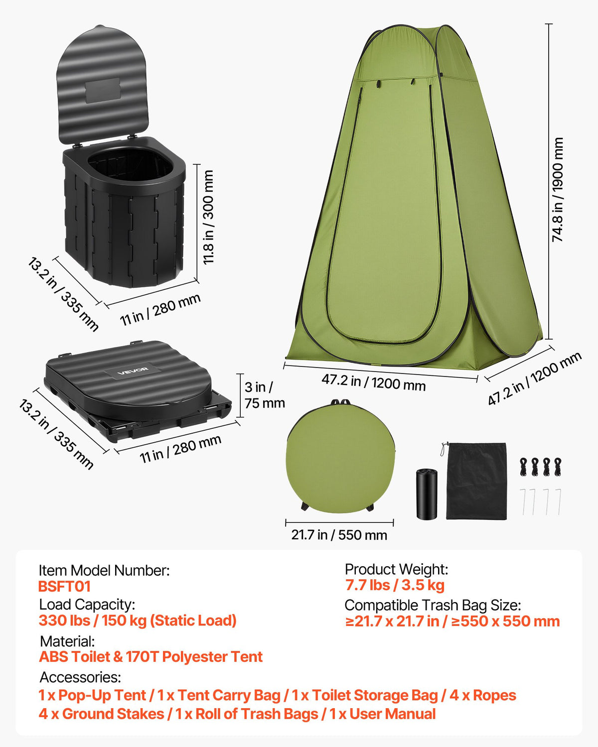 VEVOR Portable Toilet Kit, 150 kg Load Capacity, Folding Camping Toilet with Pop-Up Privacy Tent, Outdoor Travel Potty for Adults with Carry Bags, Trash Bags, Suitable for RV Travel, Camping, Hiking