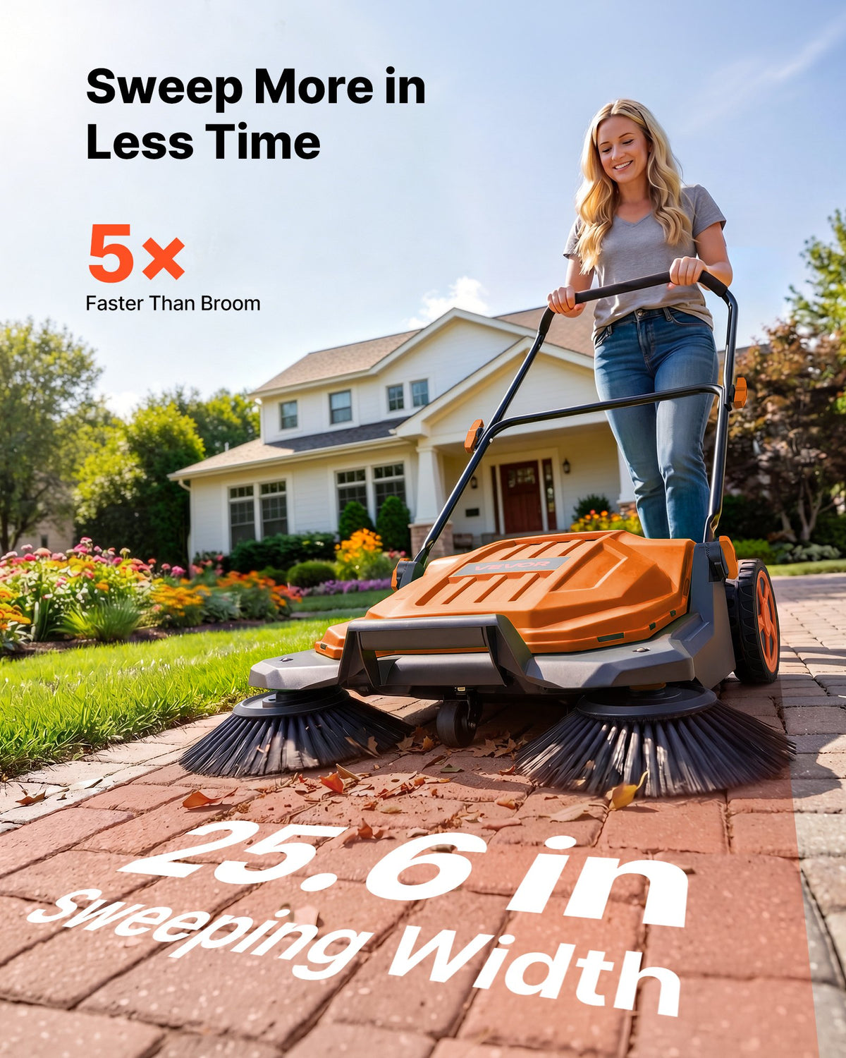 VEVOR Walk-Behind Hand Push Floor Sweeper, Manual Floor Sweeper Non-Electric with 650mm Sweeping Width, 18.9L Waste Container & Adjustable Folding Handle for Yards Walkways Patios Garages - Orange