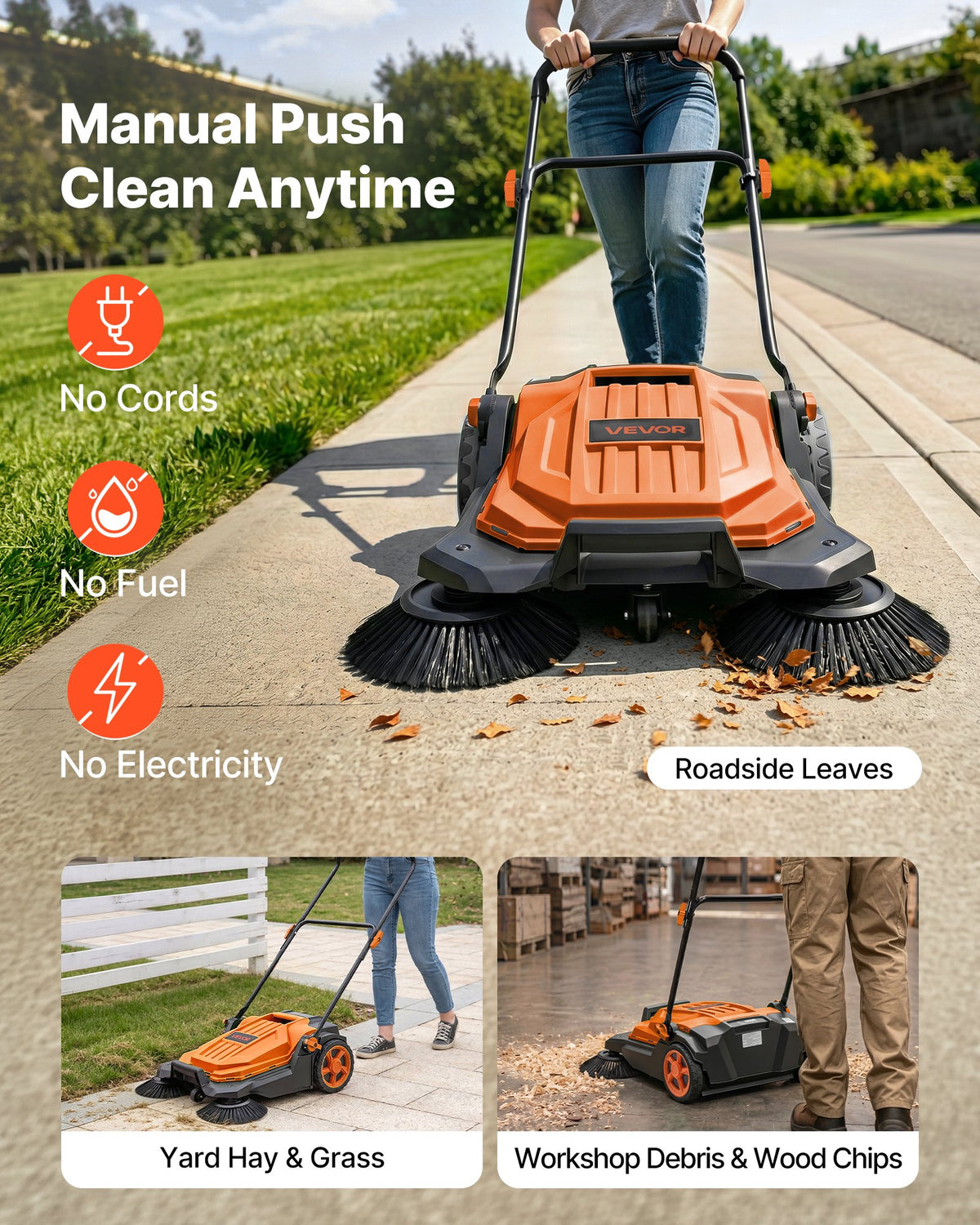 VEVOR Walk-Behind Hand Push Floor Sweeper, Manual Floor Sweeper Non-Electric with 650mm Sweeping Width, 18.9L Waste Container & Adjustable Folding Handle for Yards Walkways Patios Garages - Orange