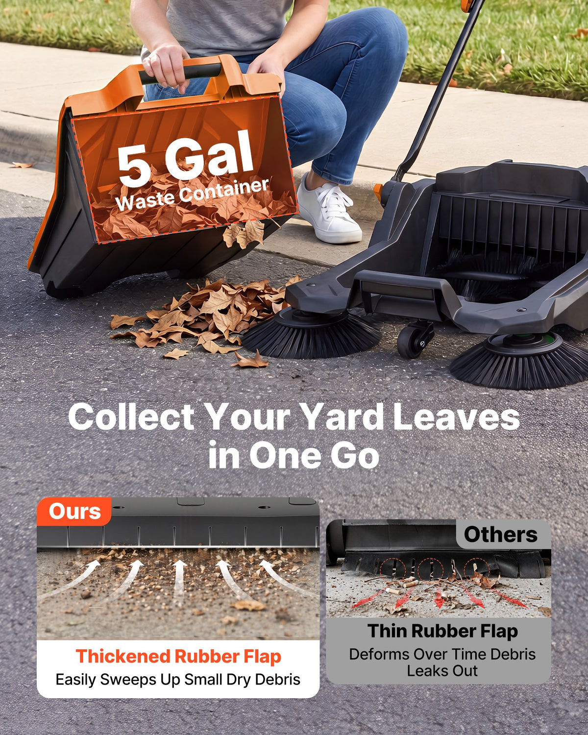 VEVOR Walk-Behind Hand Push Floor Sweeper, Manual Floor Sweeper Non-Electric with 650mm Sweeping Width, 18.9L Waste Container & Adjustable Folding Handle for Yards Walkways Patios Garages - Orange