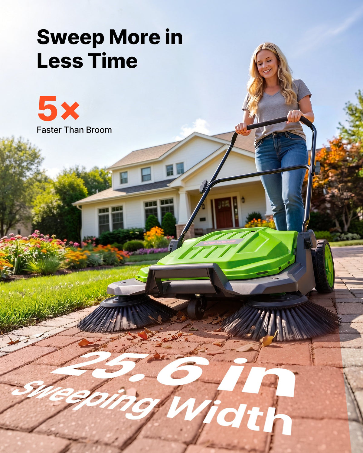 VEVOR Walk-Behind Hand Push Floor Sweeper, Manual Floor Sweeper Non-Electric with 650mm Sweeping Width, 18.9L Waste Container & Adjustable Folding Handle for Yards Walkways Patios Garages - Green