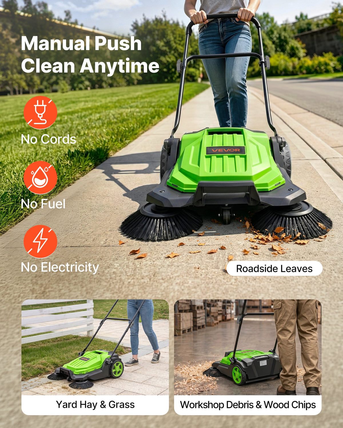 VEVOR Walk-Behind Hand Push Floor Sweeper, Manual Floor Sweeper Non-Electric with 650mm Sweeping Width, 18.9L Waste Container & Adjustable Folding Handle for Yards Walkways Patios Garages - Green