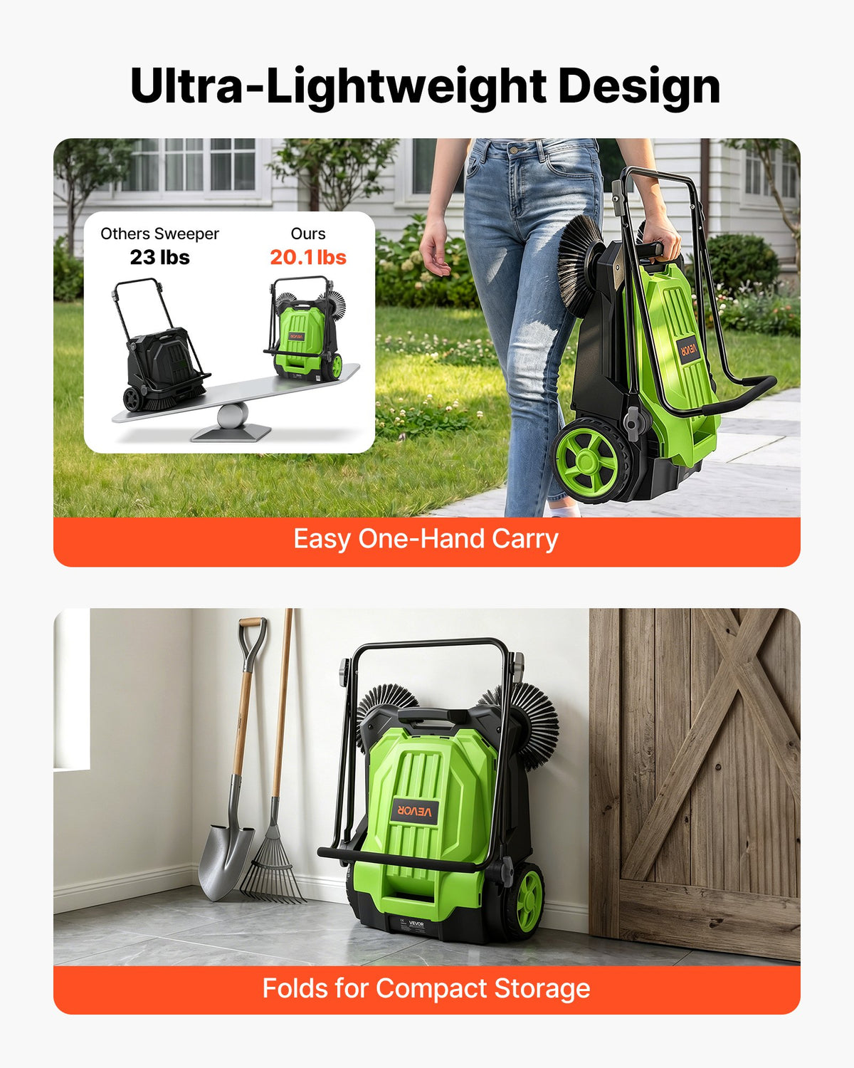 VEVOR Walk-Behind Hand Push Floor Sweeper, Manual Floor Sweeper Non-Electric with 650mm Sweeping Width, 18.9L Waste Container & Adjustable Folding Handle for Yards Walkways Patios Garages - Green
