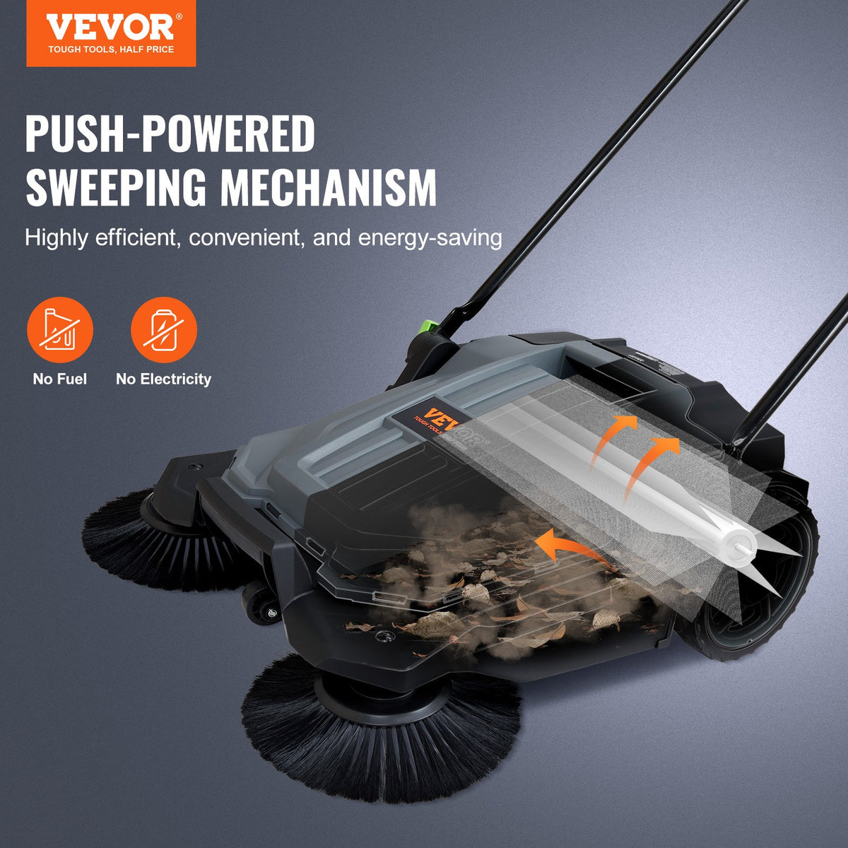 VEVOR Walk-behind Hand Push Floor Sweeper, 65 cm Sweeping Width Floor Sweeper Manual Non-Electric, 18.9-Liter Waste Container, Angle & Height Adjustable Folding Handle for Walkway, Yard, Garage, Patio