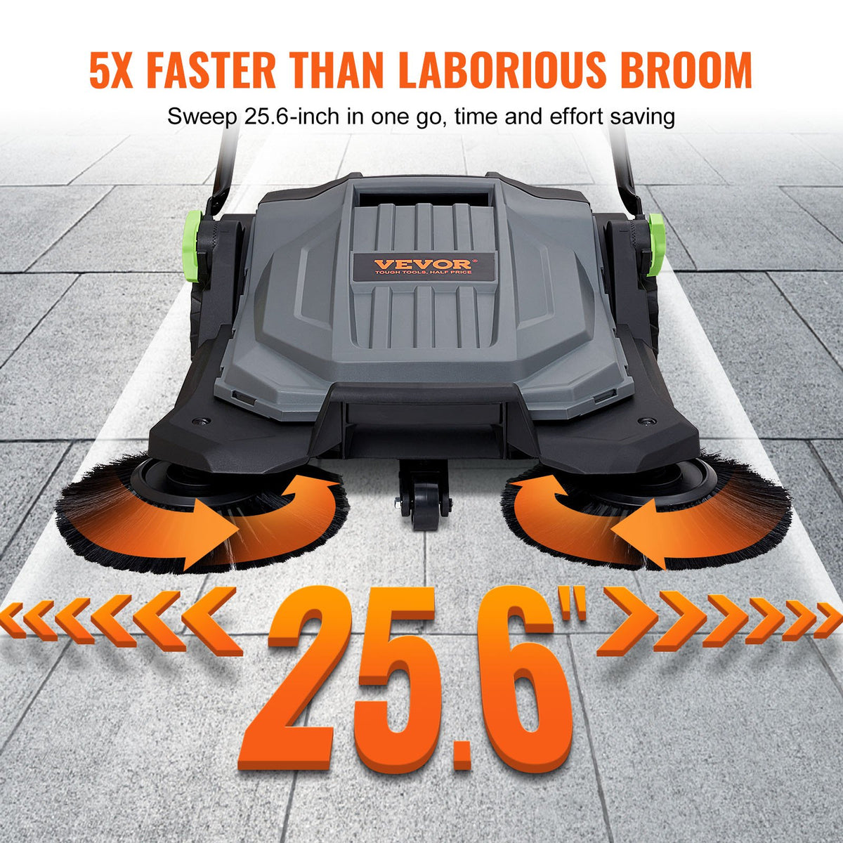 VEVOR Walk-behind Hand Push Floor Sweeper, 65 cm Sweeping Width Floor Sweeper Manual Non-Electric, 18.9-Liter Waste Container, Angle & Height Adjustable Folding Handle for Walkway, Yard, Garage, Patio