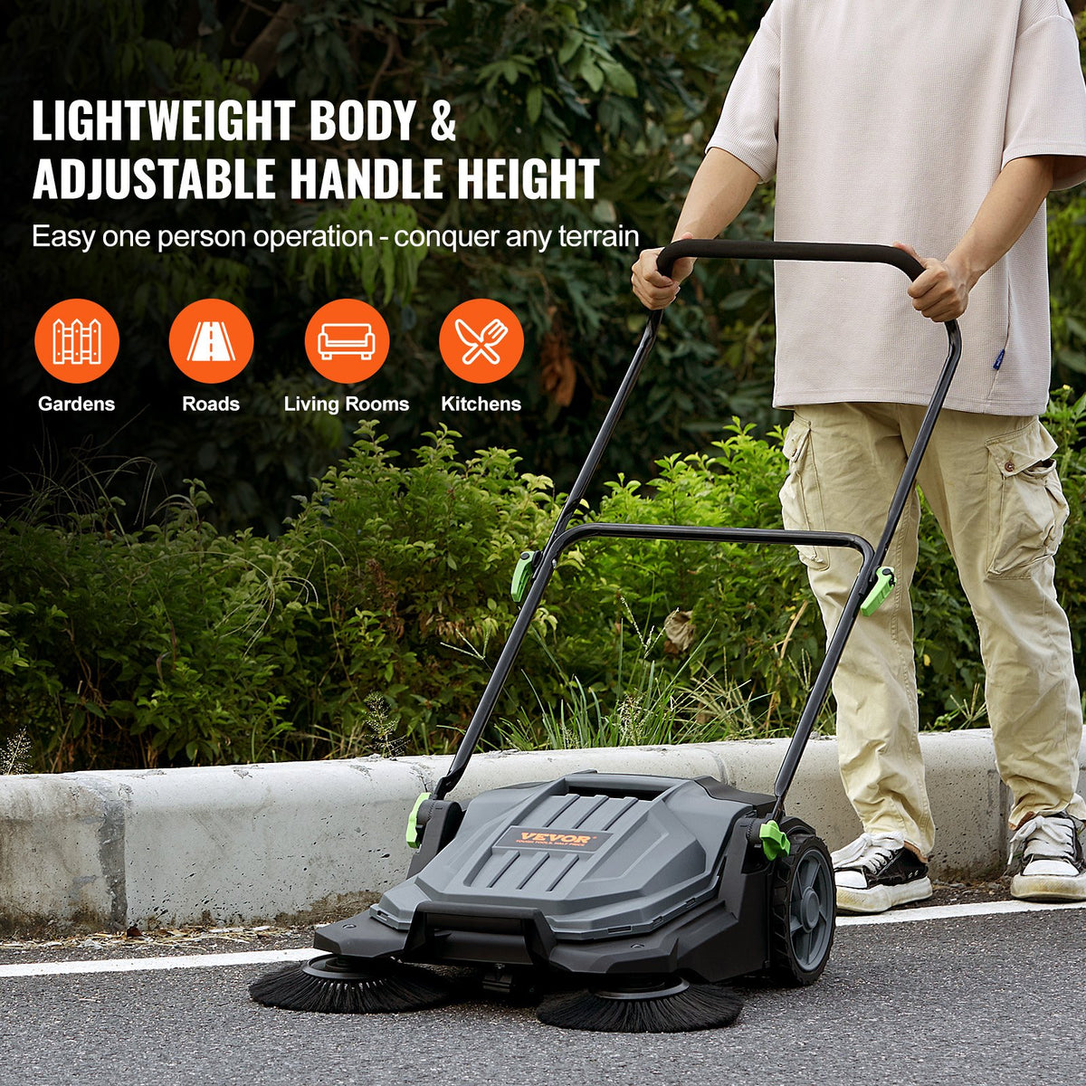 VEVOR Walk-behind Hand Push Floor Sweeper, 65 cm Sweeping Width Floor Sweeper Manual Non-Electric, 18.9-Liter Waste Container, Angle & Height Adjustable Folding Handle for Walkway, Yard, Garage, Patio