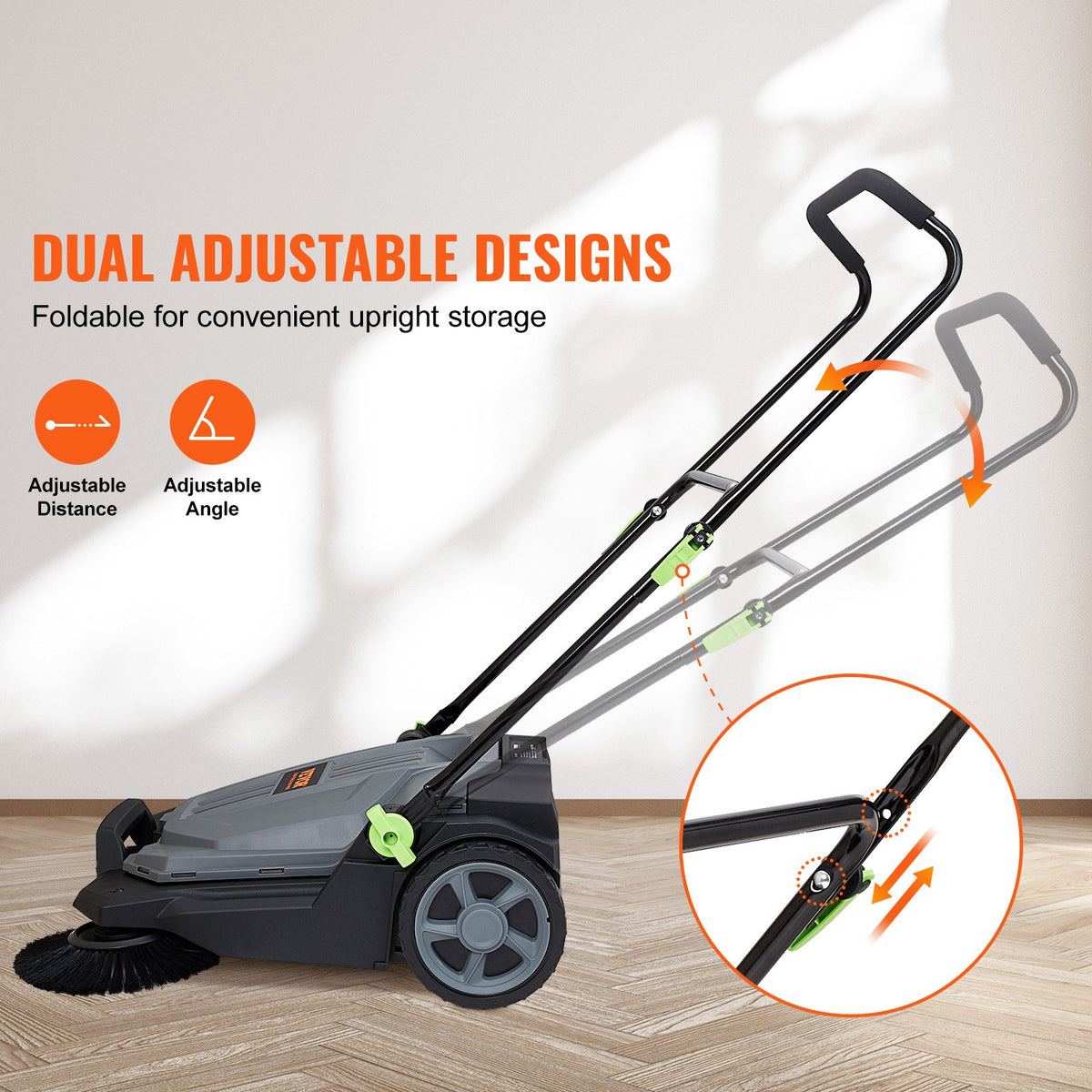 VEVOR Walk-behind Hand Push Floor Sweeper, 65 cm Sweeping Width Floor Sweeper Manual Non-Electric, 18.9-Liter Waste Container, Angle & Height Adjustable Folding Handle for Walkway, Yard, Garage, Patio