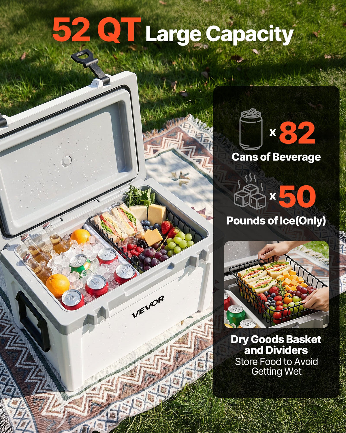 VEVOR Insulated Portable Cooler, 52 qt, Holds 50 Cans, Ice Retention Hard Cooler with Heavy Duty Handle, Ice Chest Lunch Box for Camping, Beach, Picnic, Travel, Outdoor, Keeps Ice for up to 6 Days