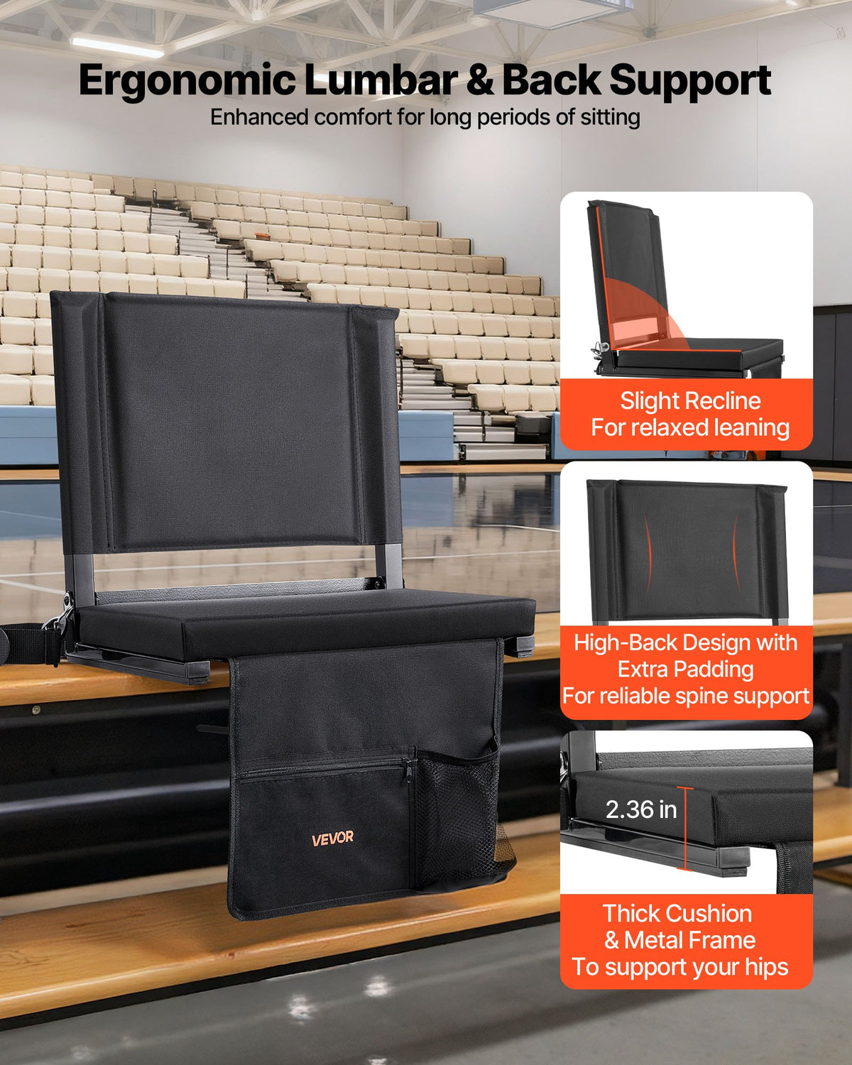 VEVOR Stadium Seat, Folding Bleacher Seat with Back Support and Thick Cushion, Padded Stadium Seats for Bleacher Includes Shoulder Strap, Hooks, Cup Holder, and Side Pocket, Black Bleachers Chair