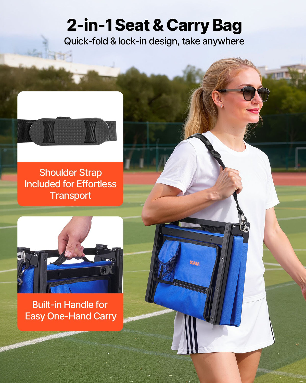VEVOR Stadium Seat, Folding Bleacher Seat with Back Support & Thick Cushion, Padded Stadium Seats for Bleacher Includes Shoulder Strap, Hooks, Cup Holder, and Side Pocket, Blue Bleachers Chair