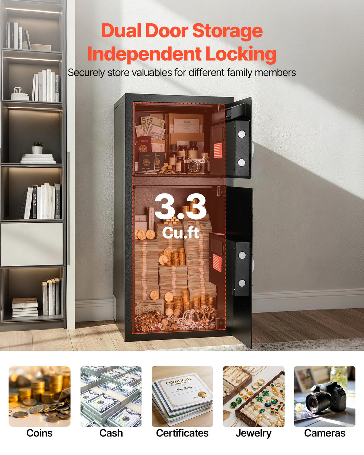 VEVOR Double Door Safe Box, 93.45 L, Heavy Duty Home Safe with Electronic Keypad, Anti-Theft, Digital Safety Lock Box with Key, Drop Slot, for Money, Firearm, Jewelry, Document, Valuables, Black, Self-assembly required