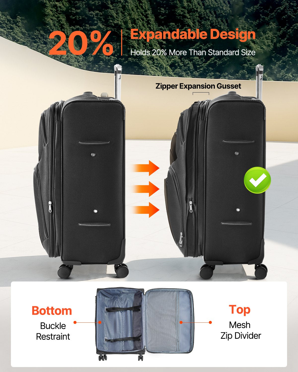 VEVOR Softside Expandable Luggage with Spinner Wheels, 24 inch / 71 cm Softside Checked Large Luggage, Lightweight Checked Suitcase with Expandable Zippered Pocket and TSA Lock, Black