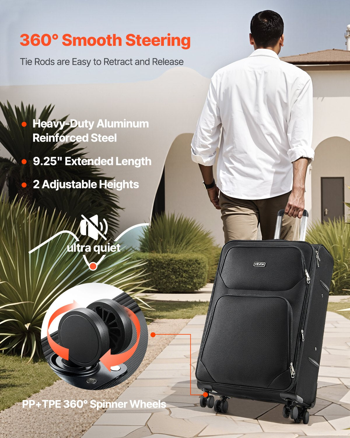 VEVOR Softside Expandable Luggage with Spinner Wheels, 24 inch / 71 cm Softside Checked Large Luggage, Lightweight Checked Suitcase with Expandable Zippered Pocket and TSA Lock, Black