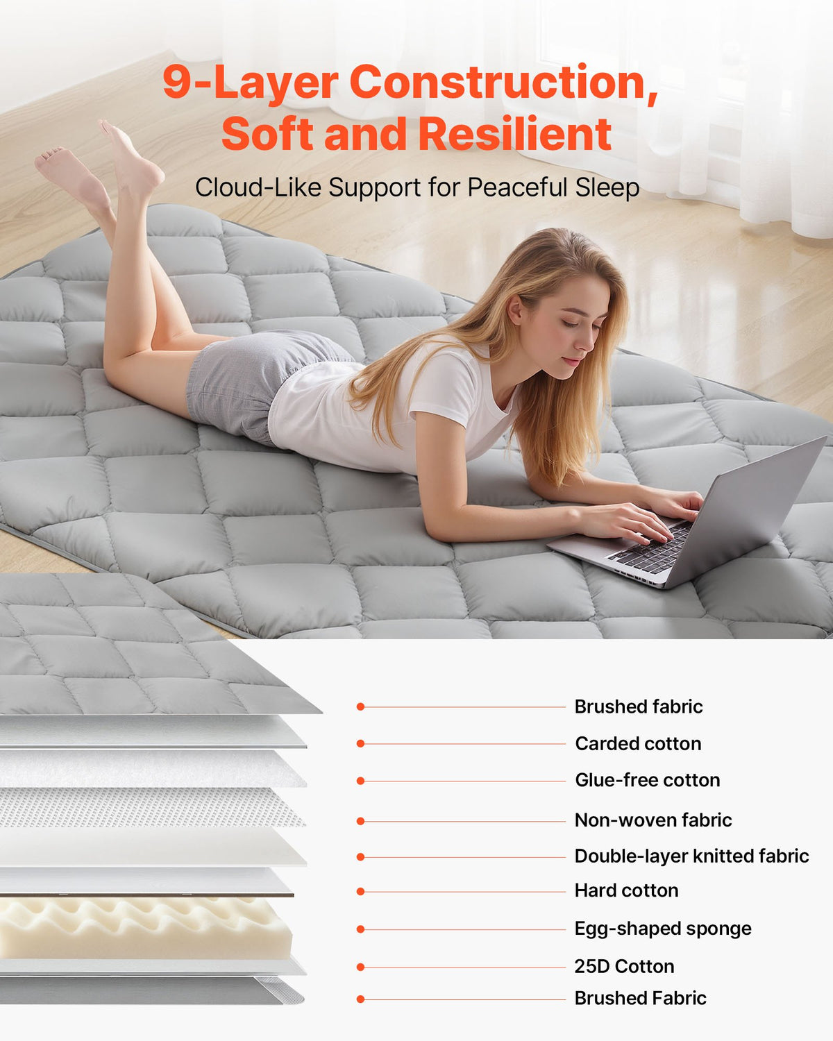VEVOR Japanese Tatami Mat, Twin Size Foldable Japanese Tatami Mattress, Futon Mattress with Storage Bag & Fastener, 9-Layer Floor Mat for Sleeping, Dorm, Meditation, Yoga, 2032 x 991 x 63.5 mm, Gray