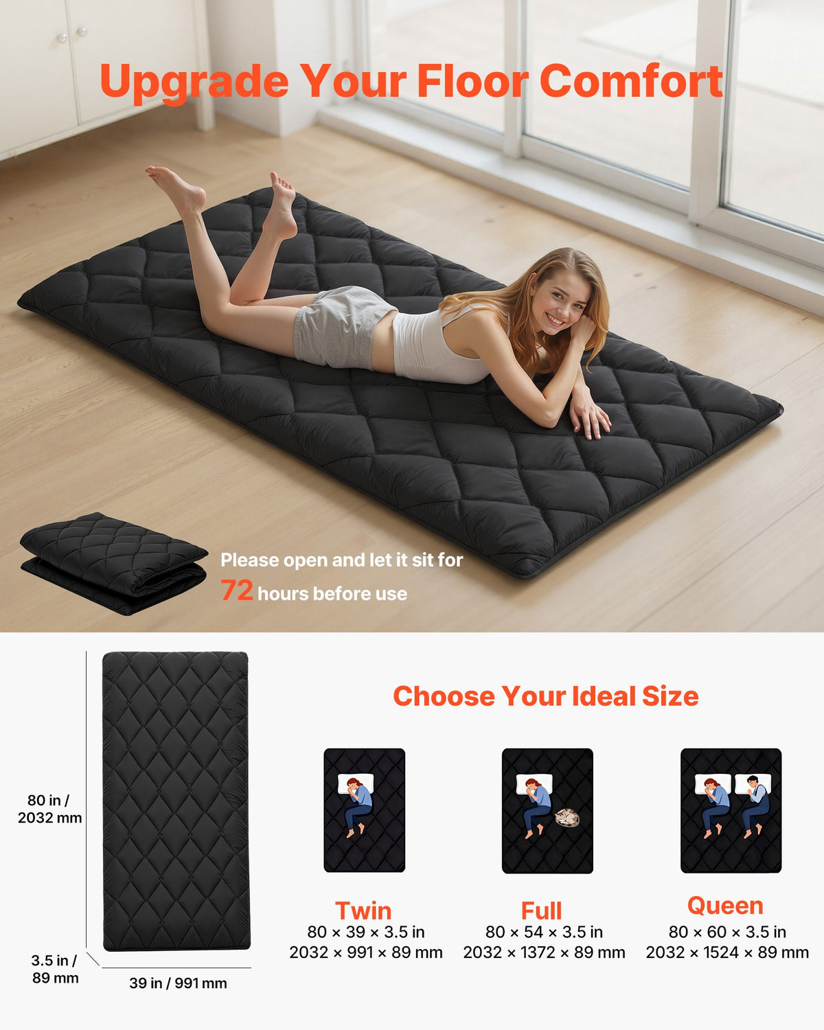 VEVOR Japanese Tatami Mat, Twin Size Foldable Japanese Tatami Mattress, Futon Mattress with Storage Bag & Fastener, 9-Layer Floor Mat for Sleeping, Dorm, Meditation, Yoga, 2032 x 991 x 89 mm, Black