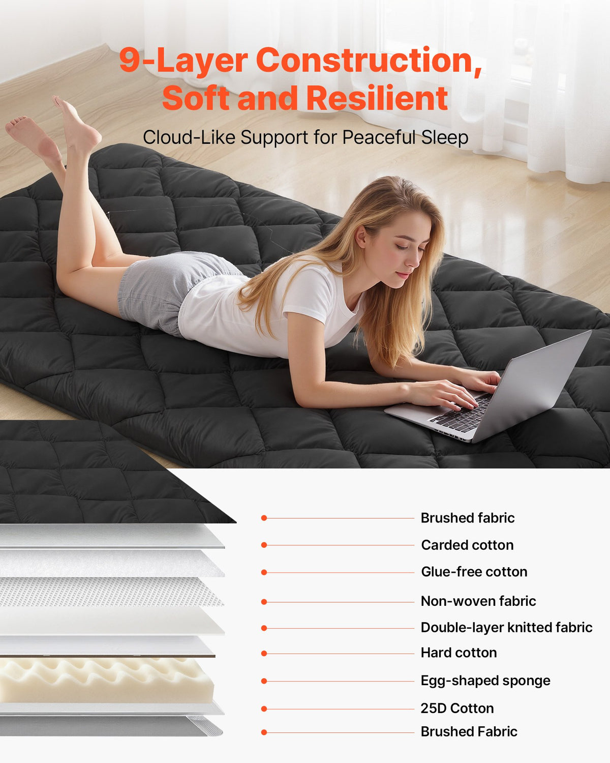VEVOR Japanese Tatami Mat, Twin Size Foldable Japanese Tatami Mattress, Futon Mattress with Storage Bag & Fastener, 9-Layer Floor Mat for Sleeping, Dorm, Meditation, Yoga, 2032 x 991 x 89 mm, Black