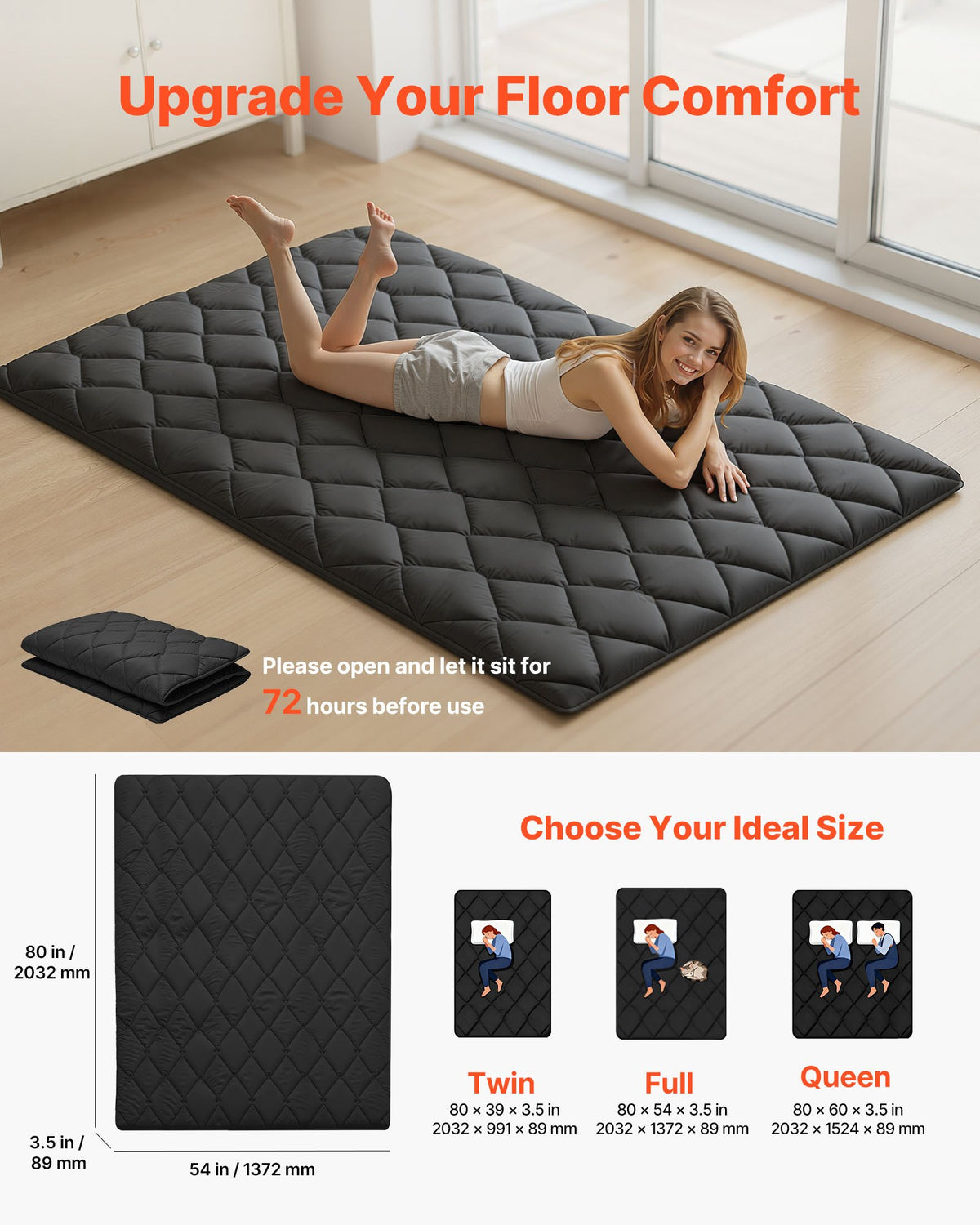 VEVOR Japanese Tatami Mat, Full Size Foldable Japanese Tatami Mattress, Futon Mattress with Storage Bag & Fastener, 9-Layer Floor Mat for Sleeping, Dorm, Meditation, Yoga, 2032 x 1372 x 89 mm, Black