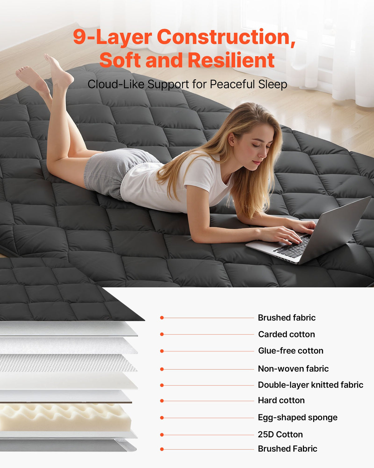 VEVOR Japanese Tatami Mat, Full Size Foldable Japanese Tatami Mattress, Futon Mattress with Storage Bag & Fastener, 9-Layer Floor Mat for Sleeping, Dorm, Meditation, Yoga, 2032 x 1372 x 89 mm, Black
