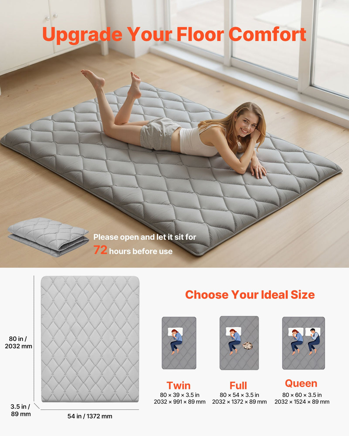 VEVOR Japanese Tatami Mat, Full Size Foldable Japanese Tatami Mattress, Futon Mattress with Storage Bag & Fastener, 9-Layer Floor Mat for Sleeping, Dorm, Meditation, Yoga, 2032 x 1372 x 89 mm, Gray