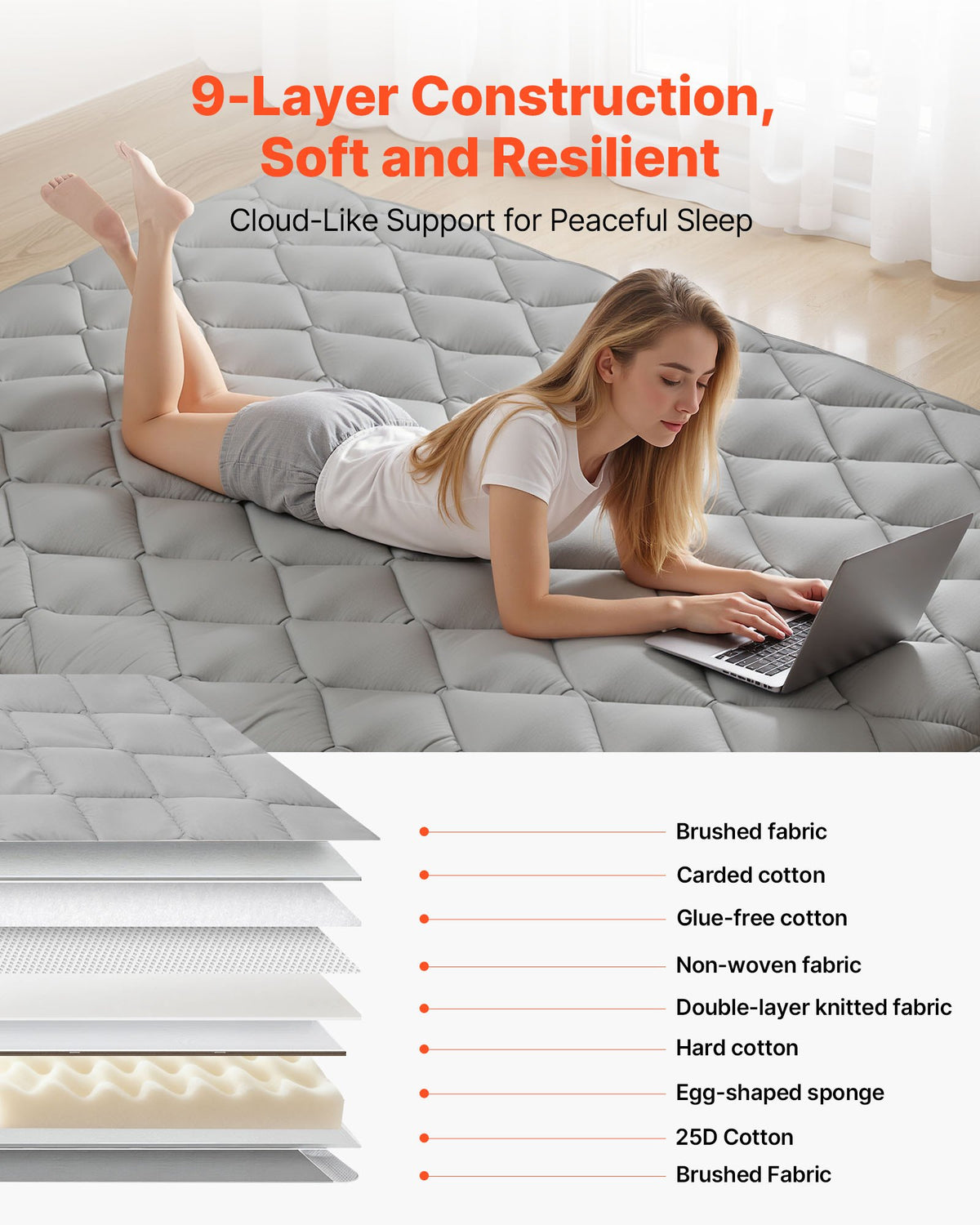 VEVOR Japanese Tatami Mat, Full Size Foldable Japanese Tatami Mattress, Futon Mattress with Storage Bag & Fastener, 9-Layer Floor Mat for Sleeping, Dorm, Meditation, Yoga, 2032 x 1372 x 89 mm, Gray